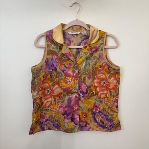 Vintage Angee Intimates Floral Button Front Top Satin Collar Blouse Size M